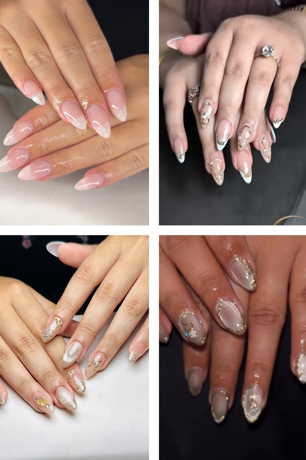 A four-panel collage showcasing elegant engagement nails ideas, featuring almond-shaped nails with sheer nude and pale pink bases, white and silver glitter tips, delicate floral art, gold metallic accents, tiny pearls, and sparkling rhinestone embellishments.