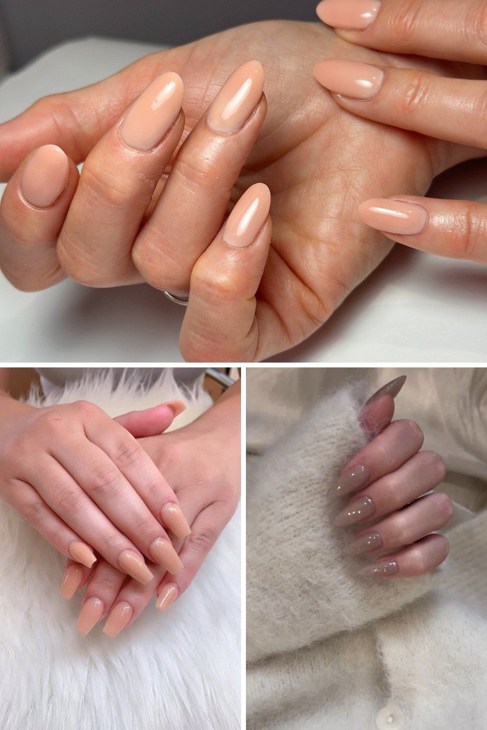 A three-panel collage showcasing beige nail ideas , including glossy warm peach-nude almond nails in the top panel, longer coffin-shaped beige nails resting on a white fur background in the bottom left, and sheer taupe-beige almond nails worn with a fuzzy white sweater in the bottom right.