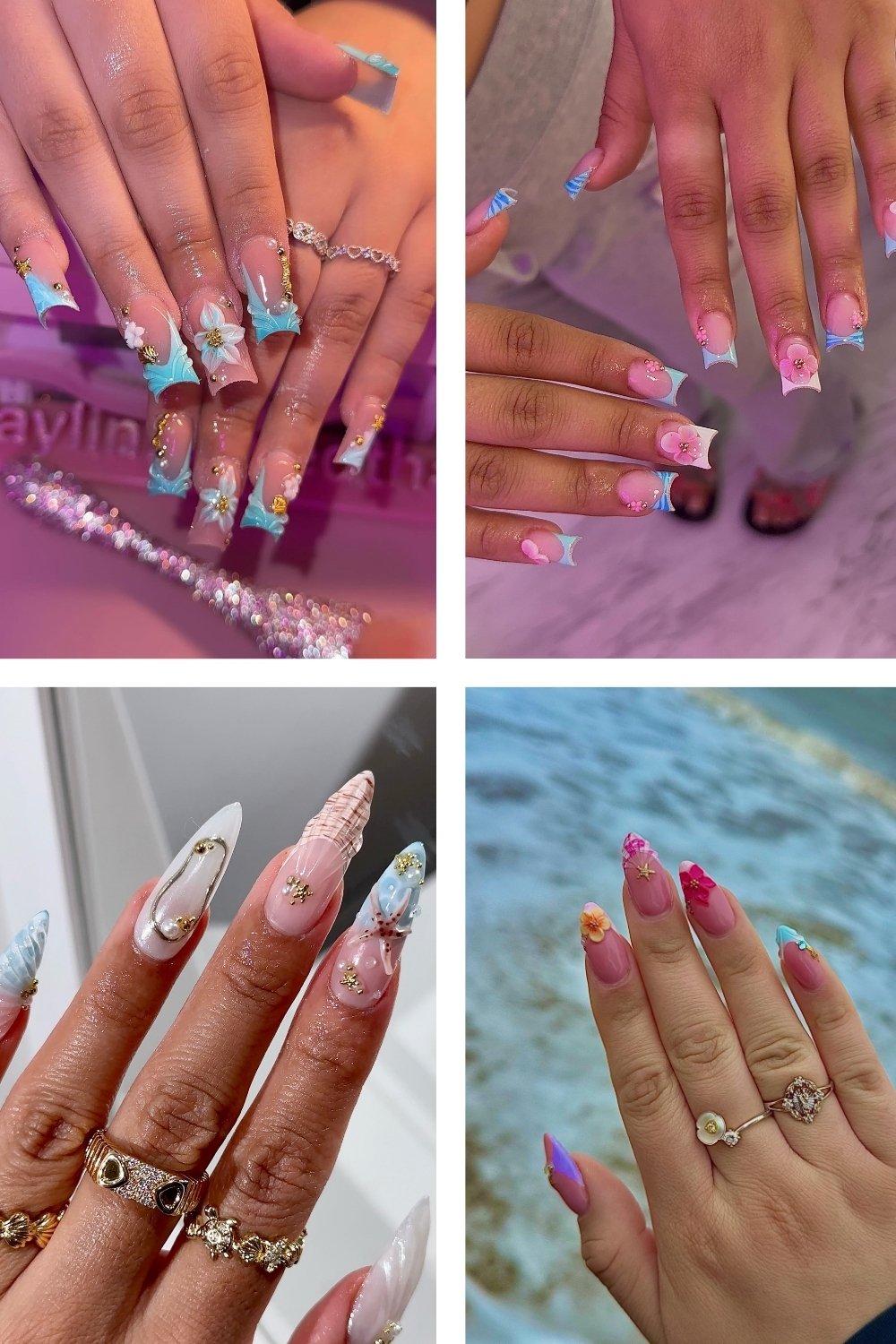 A four-panel collage displaying tropical beach-inspired manicures, featuring 3D seashell and conch sculptures, mermaid tail accents, delicate pink and blue floral appliques, tiny starfish charms, and ocean-toned blue French tips on both long and short almond-shaped nails.