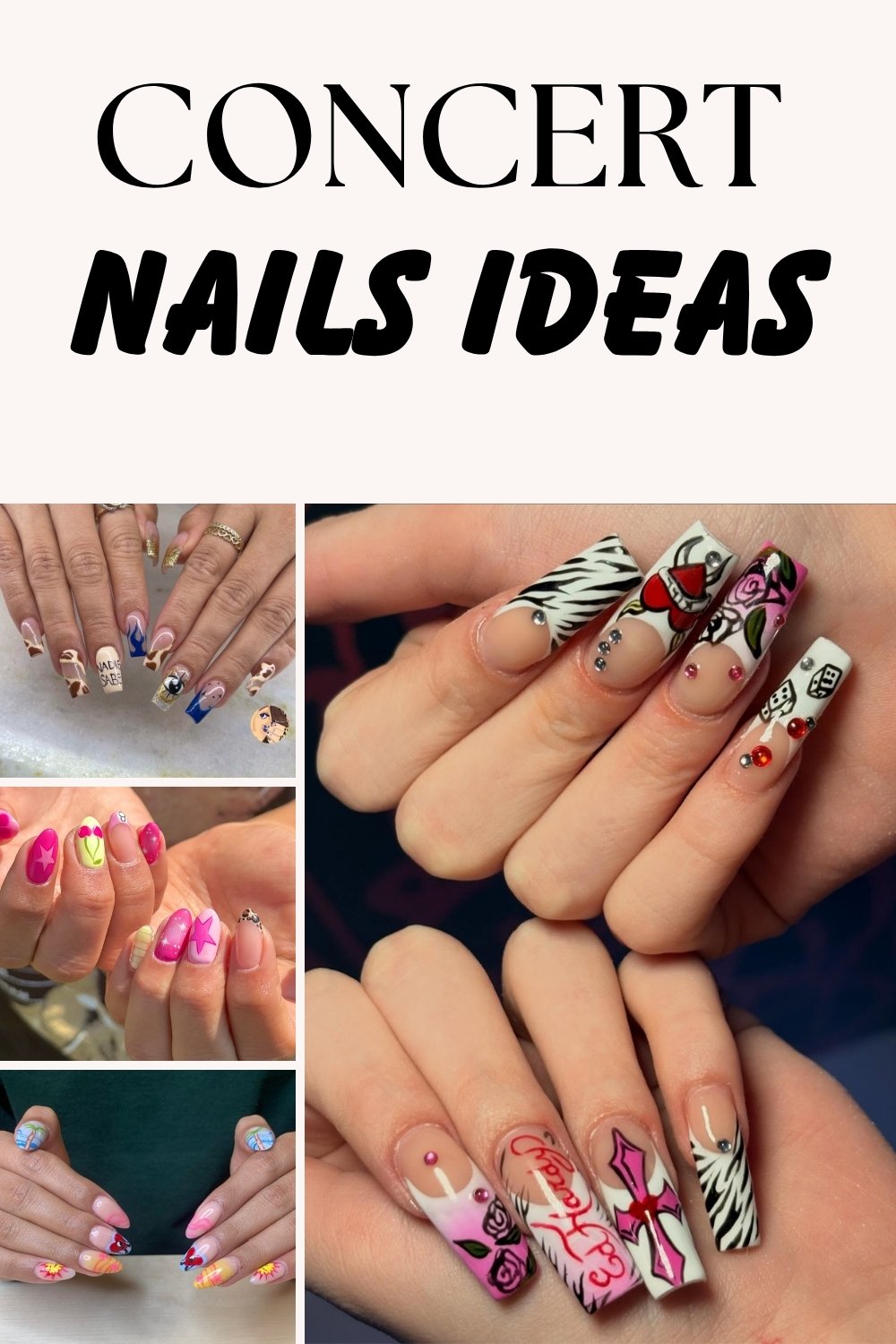 A graphic collage with bold black text reading "CONCERT NAILS IDEAS" alongside diverse concert nails ideas, including short nails with abstract band-inspired logos, vibrant neon pink and yellow abstract designs, and elaborate long coffin nails featuring edgy Y2K punk motifs like zebra print, pierced hearts, black roses, gothic crosses, band-style cursive text, and rhinestone accents.