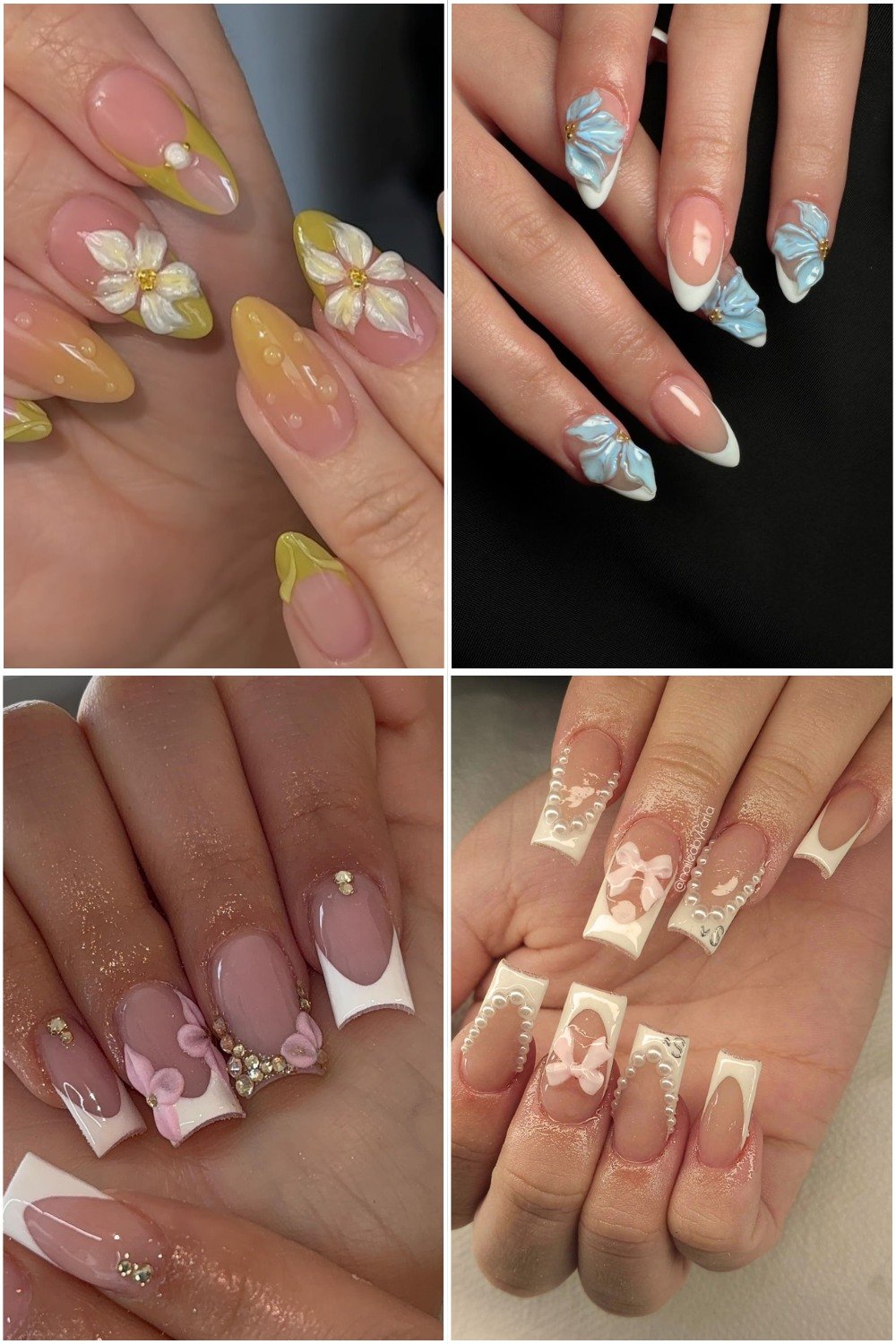 A four-panel collage showcasing various 3d french tip nails styles, featuring yellow french tips with 3D white floral accents, white tips with 3D blue blooms, and square tips detailed with 3D pink and white ribbons, pearl chains, and rhinestones.