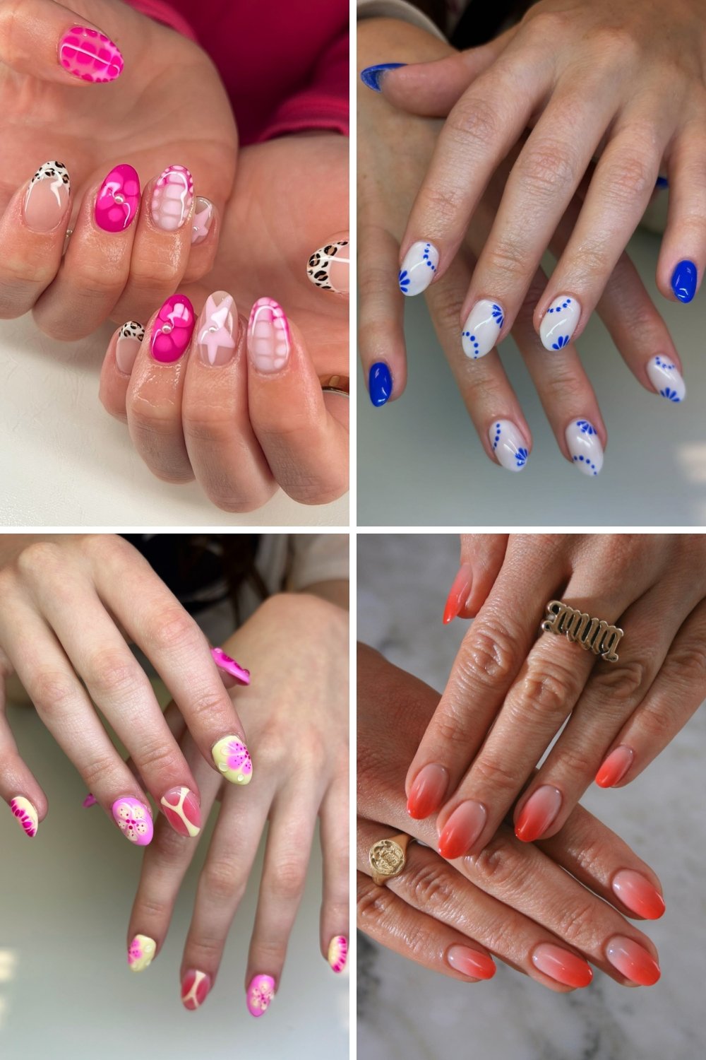 A four-panel collage showcasing vibrant August nails ideas, including hot pink marbled designs with leopard print accents, crisp white nails with blue dotted floral patterns, pastel yellow nails with pink floral decals, and a bright coral-to-peach ombré manicure.