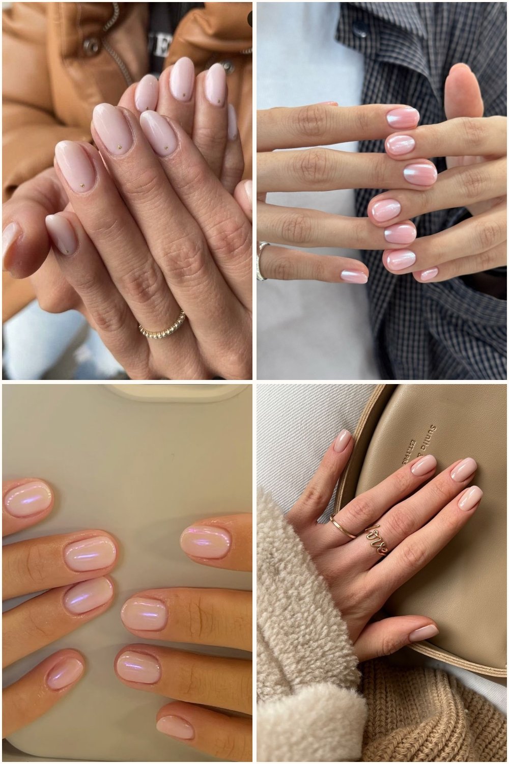 A four-panel collage displaying various nude short nails ideas, including pale pink polish with tiny gold rhinestone accents, milky nude bases with crisp white French tips, sheer nude polish with a pearlescent iridescent shimmer finish, and a solid glossy pale nude manicure worn with gold rings and a beige purse.