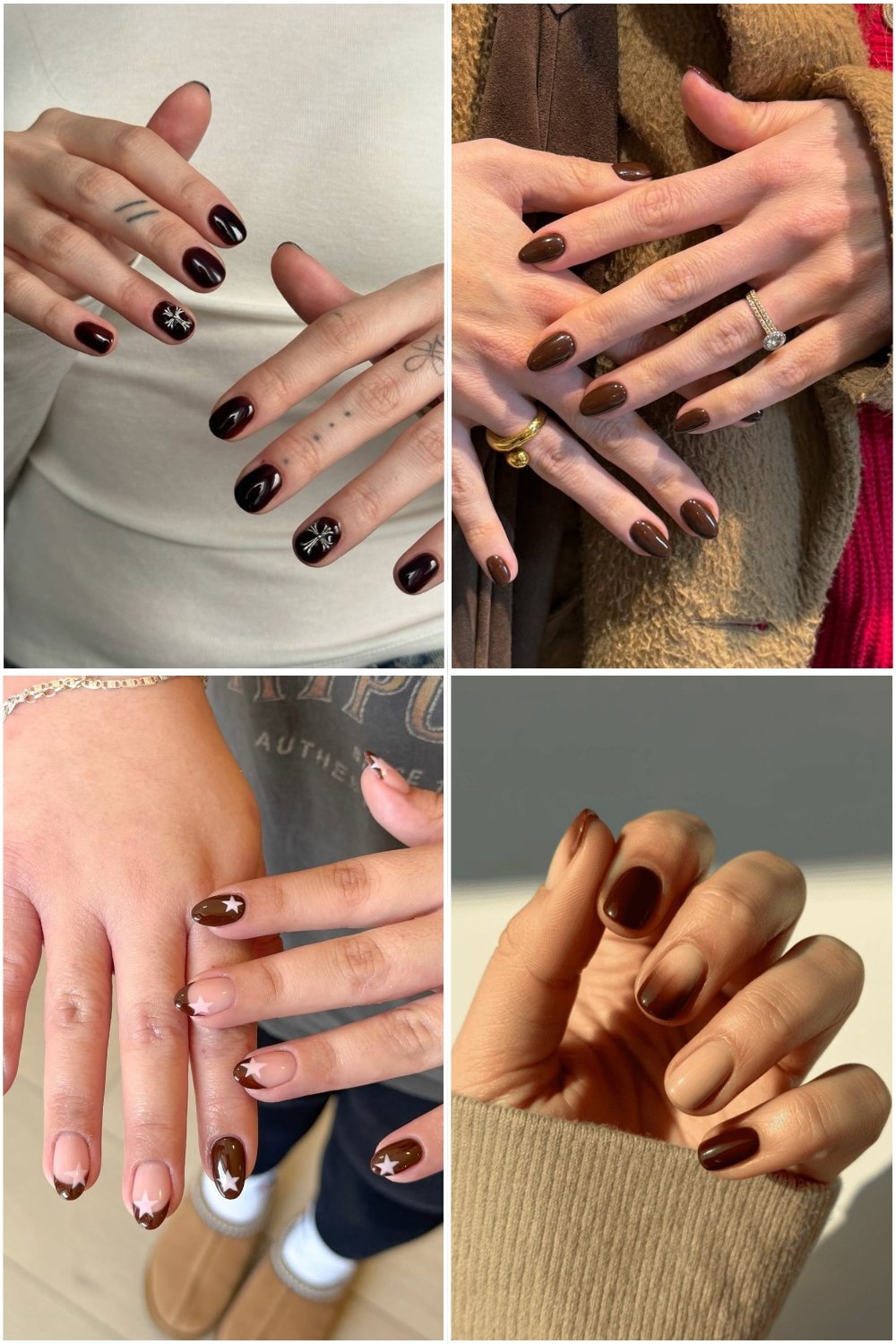 A four-panel collage showcasing various short brown nails ideas, including dark espresso polish with white star accents, glossy solid chocolate brown, minimalist brown French tips on a nude base, and a brown ombre gradient fade.