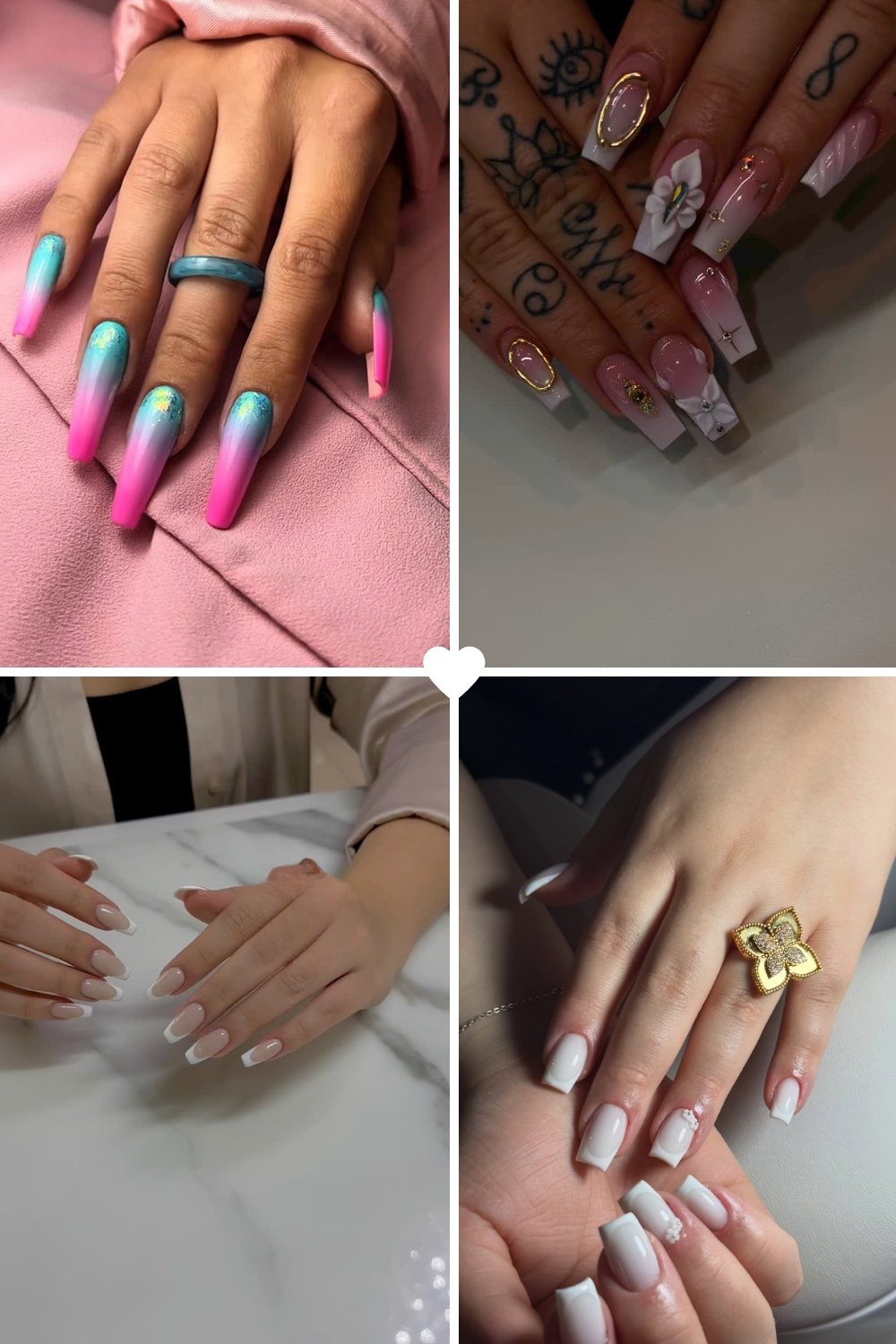 A four-panel collage showcasing ballerina nails designs ideas, featuring long coffin-shaped nails with vibrant pink-to-teal ombre gradients, long nude nails with white tips and 3D white flower and gold hardware accents, alongside simple milky white manicures on shorter almond and square shapes.