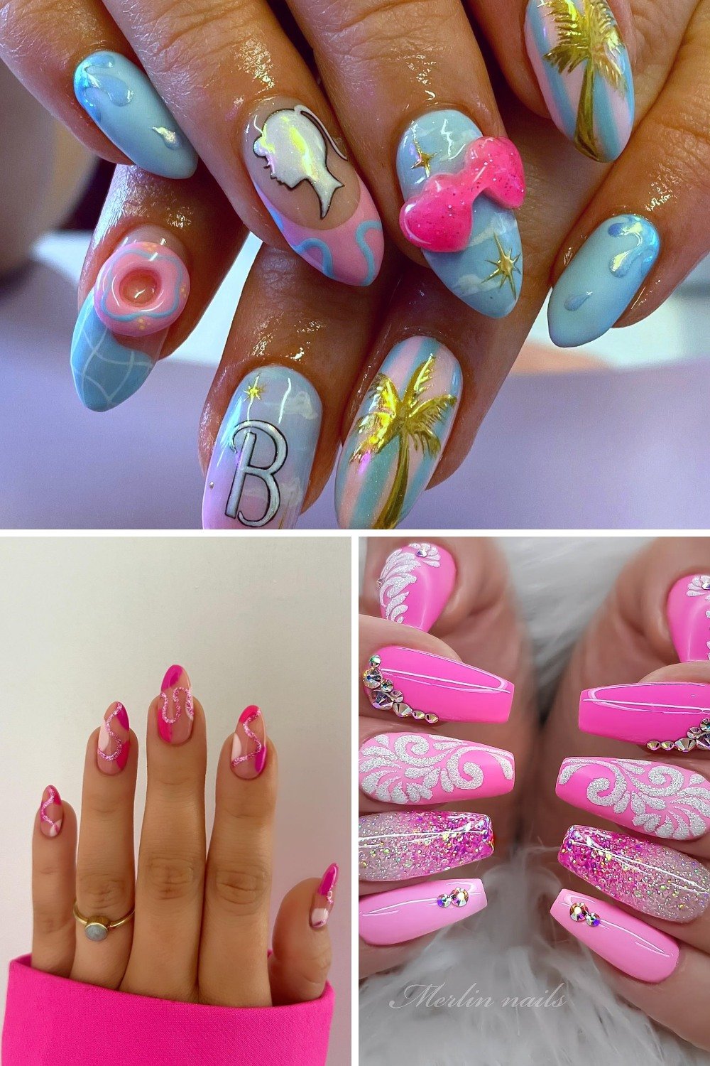 A collage showcasing Barbie nails design ideas, featuring sky blue and pastel pink airbrush manicures with 3D pink bows, donuts, gold palm trees, a Barbie silhouette, and a 'B' logo; short nails with hot pink and white retro swirls worn with a bright pink sleeve; and long hot pink coffin nails adorned with silver rhinestone chains, white glittery damask art, and chunky pink glitter.