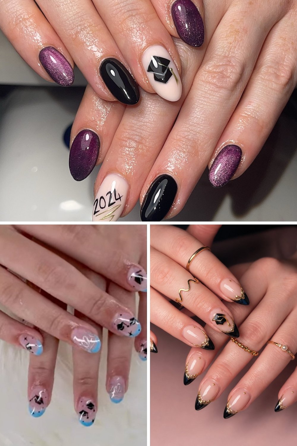 A collage showcasing graduation nails ideas, featuring deep purple glitter and solid black almond-shaped nails with a nude accent nail displaying a 3D graduation cap and "2024" in gold script, along with sheer nude manicures styled with black French tips, gold metallic accents, and tiny graduation cap decals.