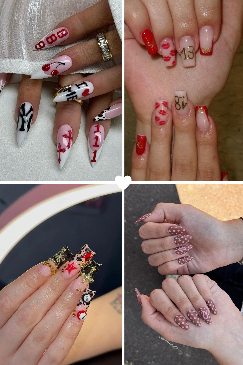 A four-panel collage showcasing 18th birthday nail ideas, featuring almond nails with playful cherry and text motifs, short square nails displaying a gold "18" alongside red lip prints and classic red polish, long coffin nails with 3D gold chains, black 8-balls, and red star accents, and dusty pink nails decorated with white polka dots.