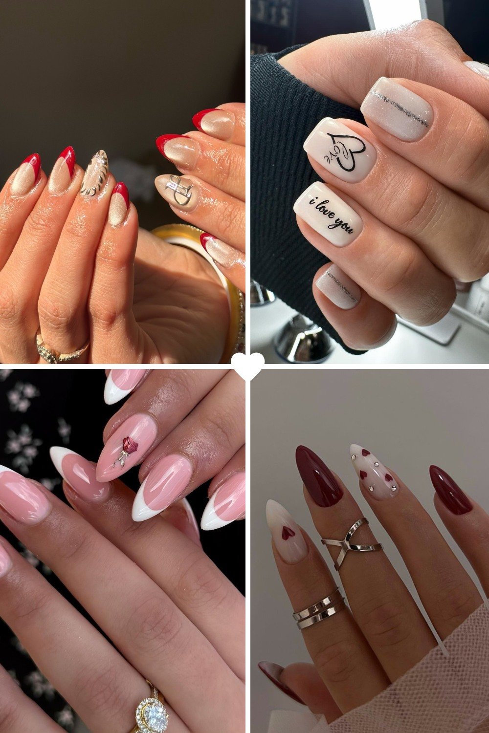 Vegas nail ideas: A six-panel collage featuring casino-themed manicures, including 3D playing cards, dice, and slot machines on nude almond nails; red card suit nail art on short nails; black spade and heart designs with rhinestones; lucky red 7s with cow print and gold glitter; and long coffin nails showcasing Betty Boop, 8-balls, cherries, and leopard print accents.