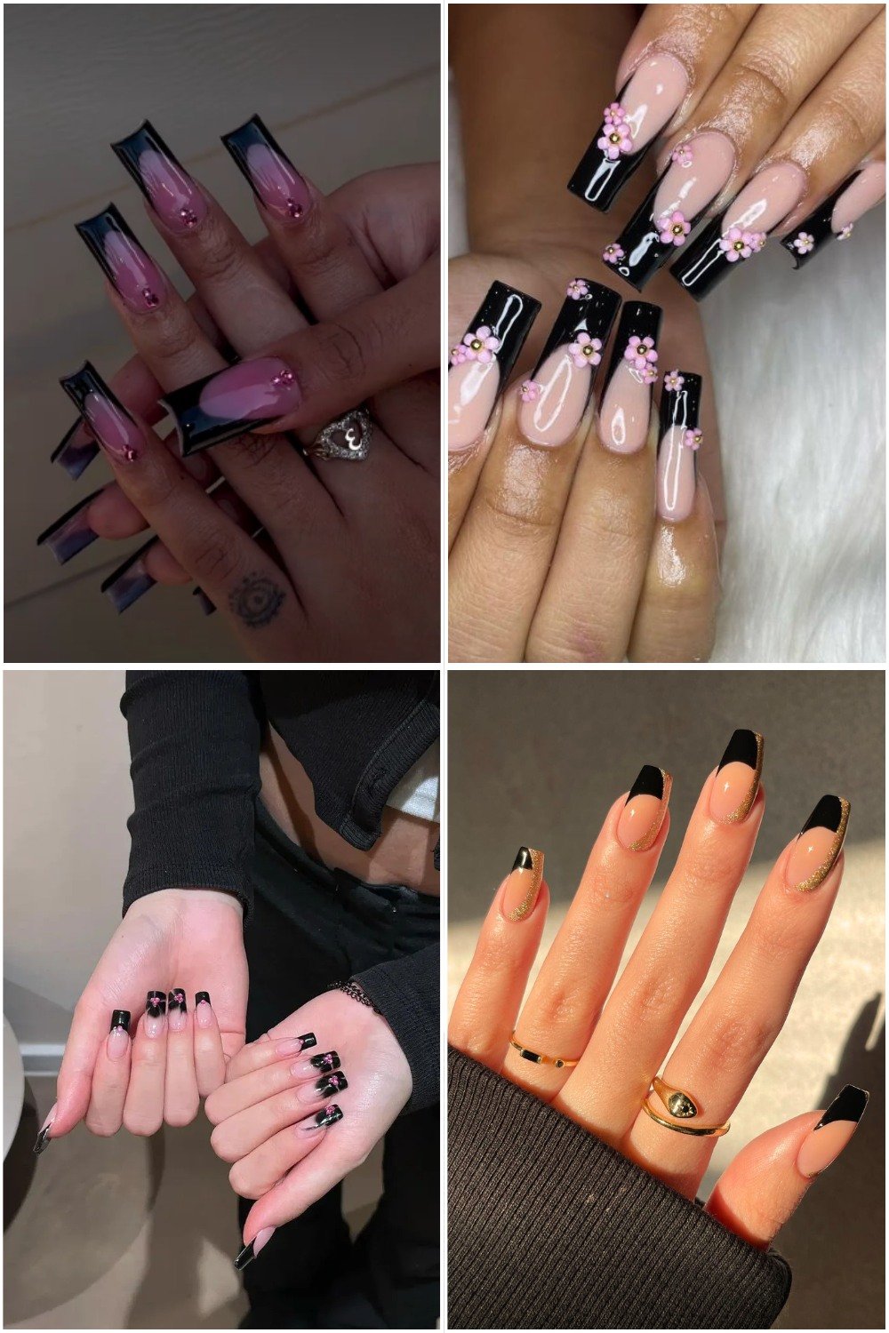 A four-panel collage showcasing various **Black French Tip Nails Square Ideas**. The designs feature glossy nude bases with stark black tips across different square lengths, accented with 3D pink daisy flowers, tiny pearl studs, and gold glitter details along the tip outlines.