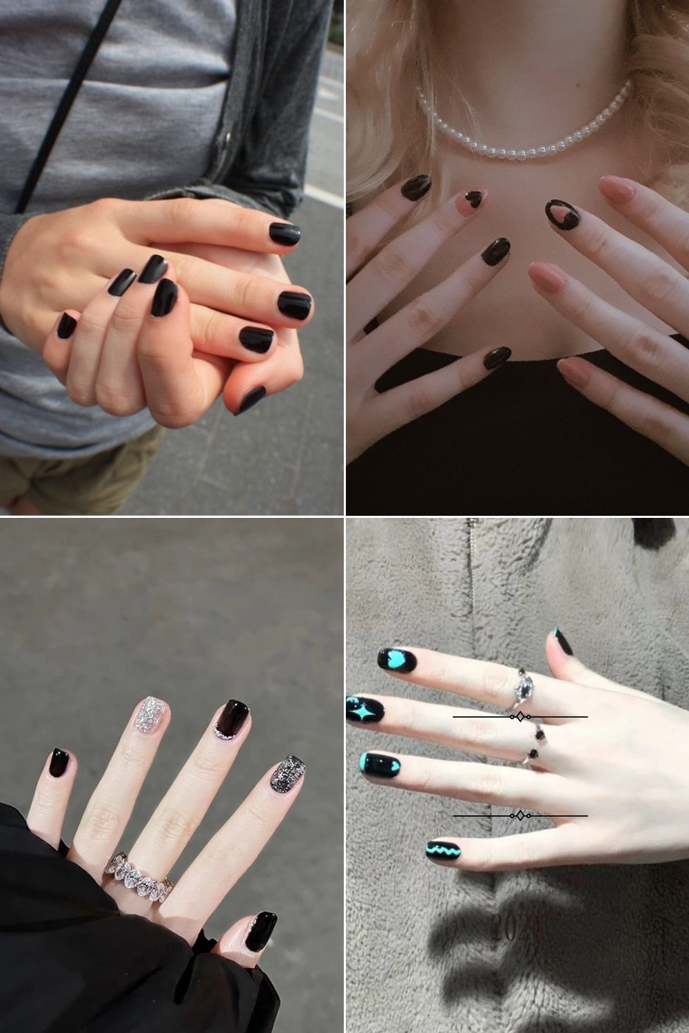 A four-panel collage showcasing black short nails ideas with four unique styles: solid glossy black polish, black with a nude negative-space tip cutout, black mixed with chunky silver glitter accents, and glossy black featuring bright turquoise graphic lines and stars.