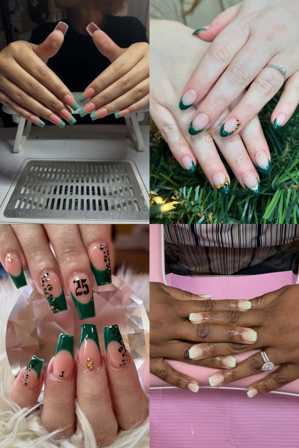 A four-panel collage showcasing various **green french tip nails** designs, including classic mint green square tips, dark forest green almond shapes with gold foil accents, long square nails featuring leopard spots and a "25" birthday design, and short soft pastel mint-green french tips.
