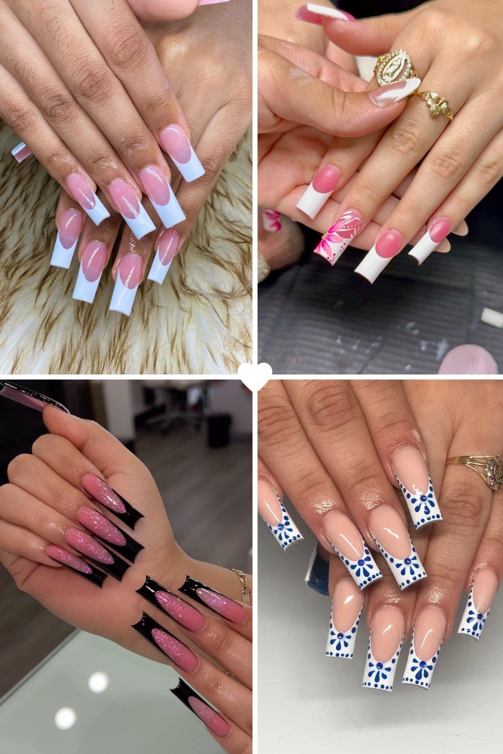 A four-panel collage showcasing various **Long Square French Tip Nails Ideas**. The designs include classic crisp white tips, white tips with pink floral accent art, black tips over a glittery pink base, and white tips with a delicate blue painted floral pattern.