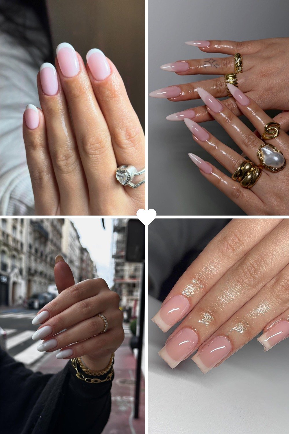 A four-panel collage showcasing various **natural french tip nails** styles, including classic short rounded white tips, elegant long stiletto nude nails, and medium square shapes with soft white edges and subtle silver glitter accents.