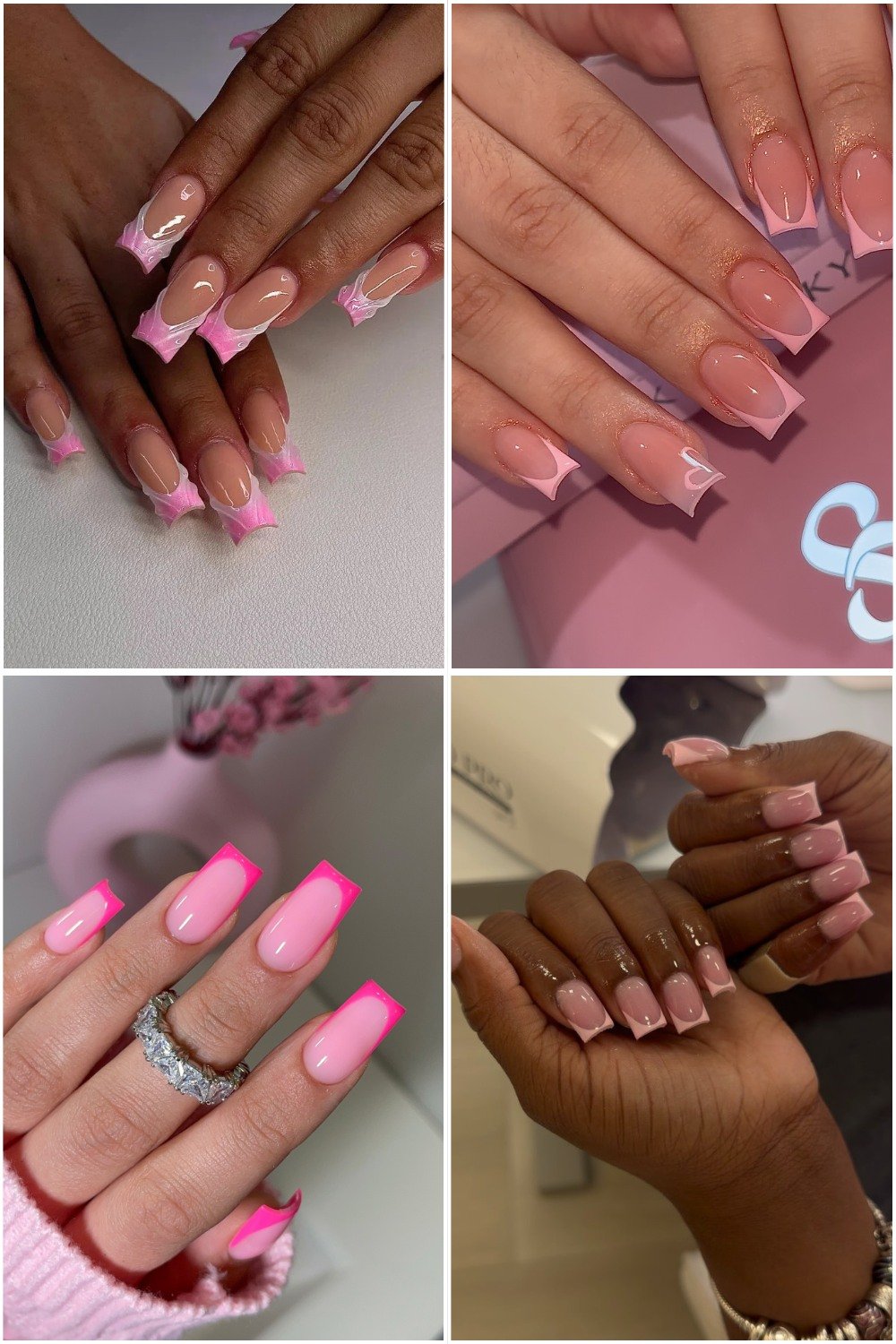 A four-panel collage showcasing different styles of **pink French tip nails square**, including classic pale pink tips, bold neon pink accents, swirly wavy designs, and gold glitter cuticle details.