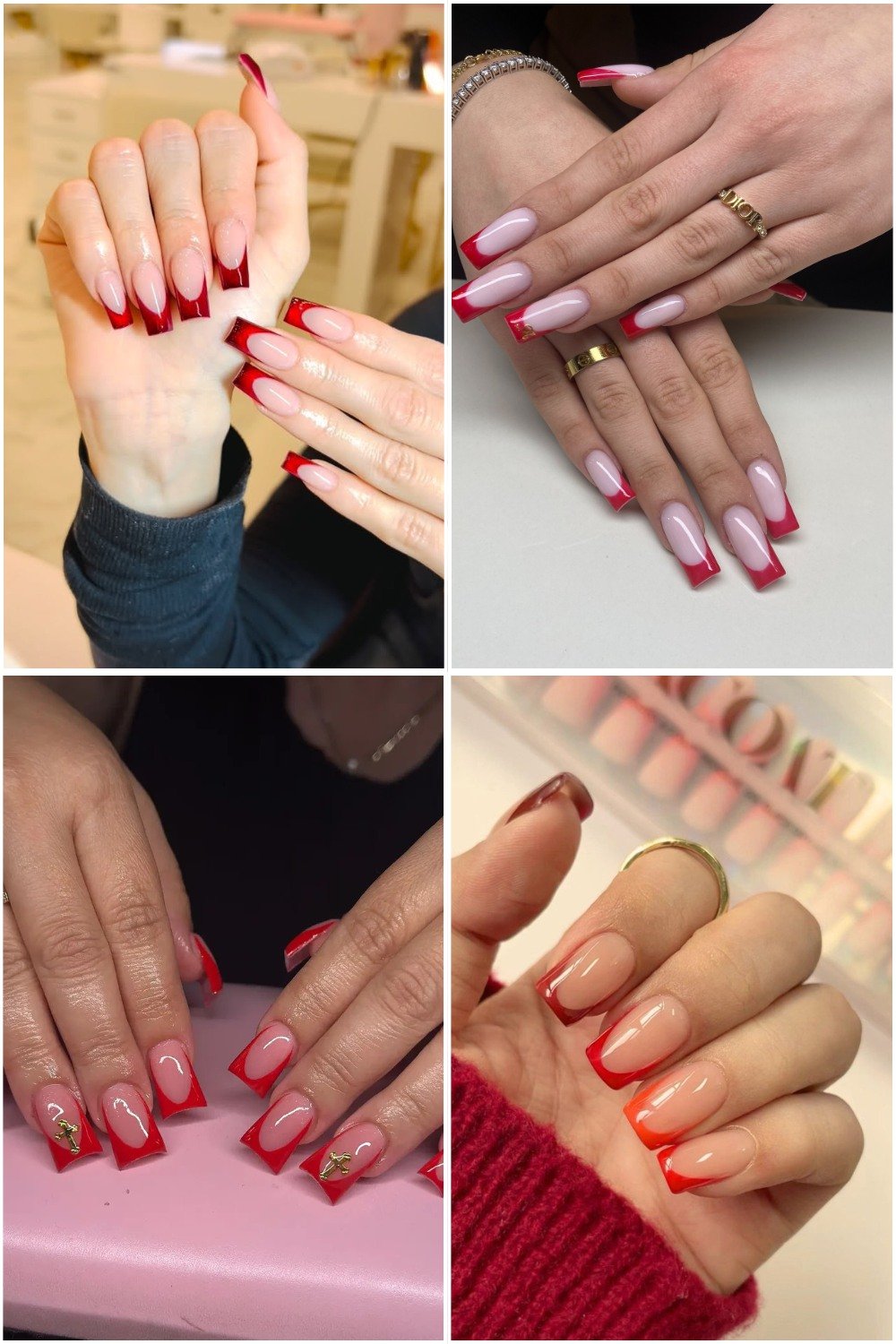 A four-panel collage showcasing various styles of **red french tip nails square**. The images display different takes on the look, including classic glossy red tips on a nude base, softer red-edge designs, and a style accented with small gold star charms.