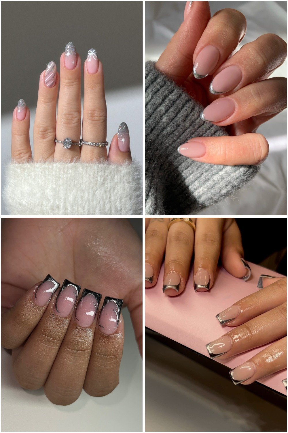 A four-panel collage showcasing various silver french tip nails styles, including glittery star accents, thin metallic outlines, and bold chrome silver tips on round and square nail shapes.