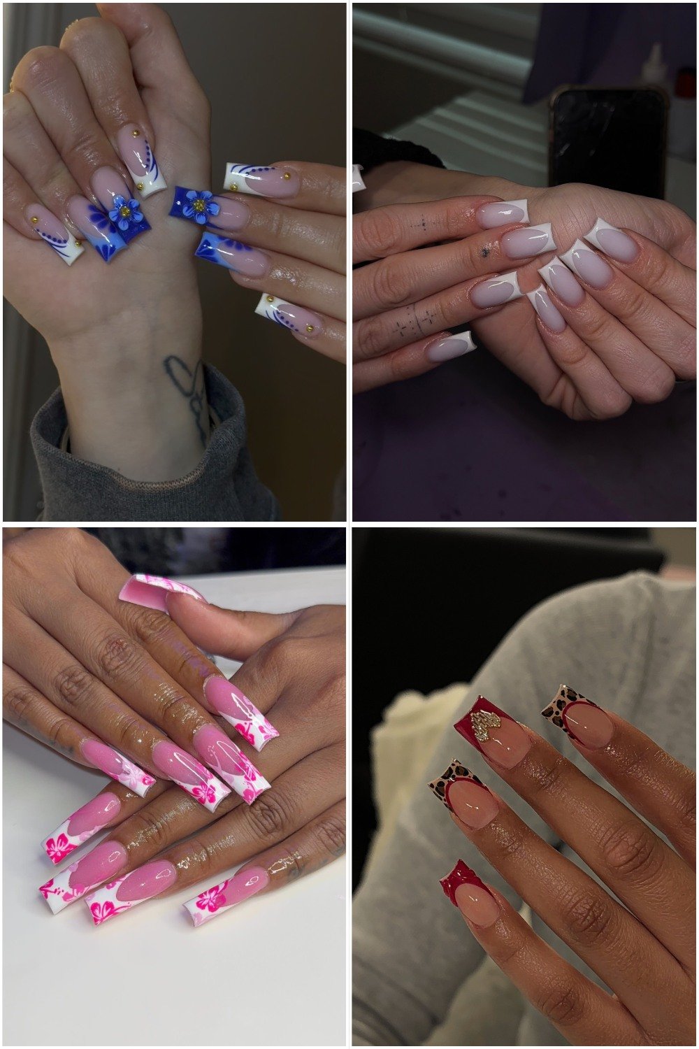 A four-panel collage showcasing various **Tapered Square French Tip Nails Ideas**. The images display multiple takes on this long, tapered shape, including white tips with delicate blue floral art and gold rhinestones, a classic clean white tip on a sheer base, vibrant pink floral patterns over white tips, and a bold deep red tip paired with leopard print and gold glitter accents.