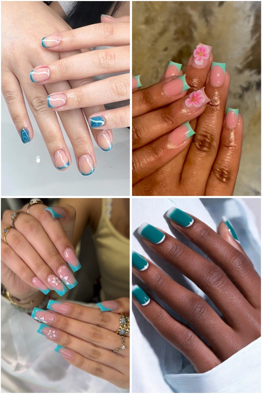 A four-panel collage showcasing various **teal french tip nails** designs, including short rounded thin tips, square nails with 3D pink floral accents, long square tips with white art, and bold solid teal tips with white outlines.