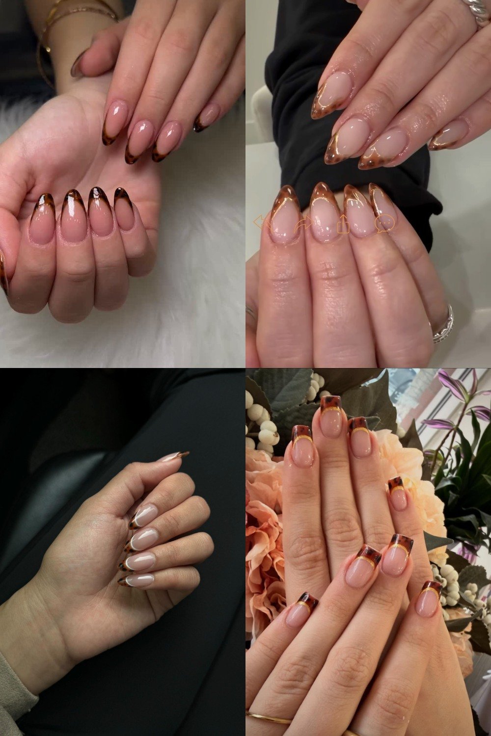 A four-panel collage showcasing various **tortoise shell french tip nails ideas**, featuring glossy nude bases with classic brown and amber tortoise patterns applied to the tips across almond, round, and short square nail shapes.