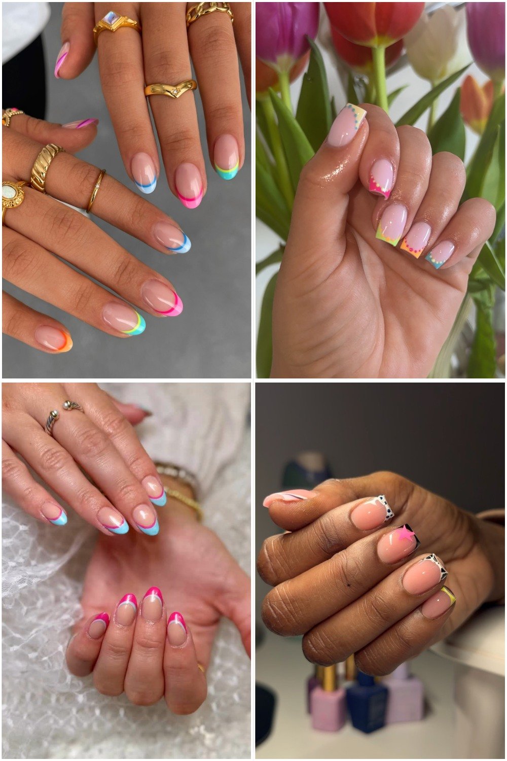 A four-panel collage showcasing various **Two Color French Tip Nails** designs, including almond shapes with dual-colored neon outlines, subtle blue-and-white angled tips, and square shapes featuring contrasting black, white, pink, and yellow patterned tips.