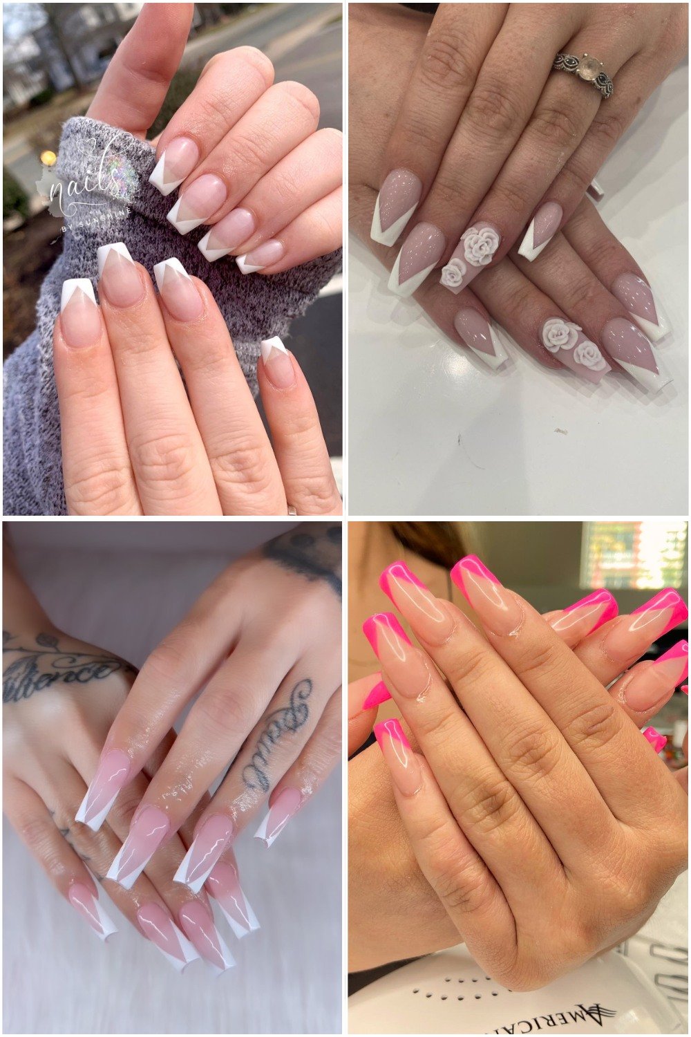 A four-panel collage showcasing various **v french tip nails** designs, including classic white chevron-style tips, 3D rose floral accents, and bold neon pink V-tip variations across different square and almond nail lengths.