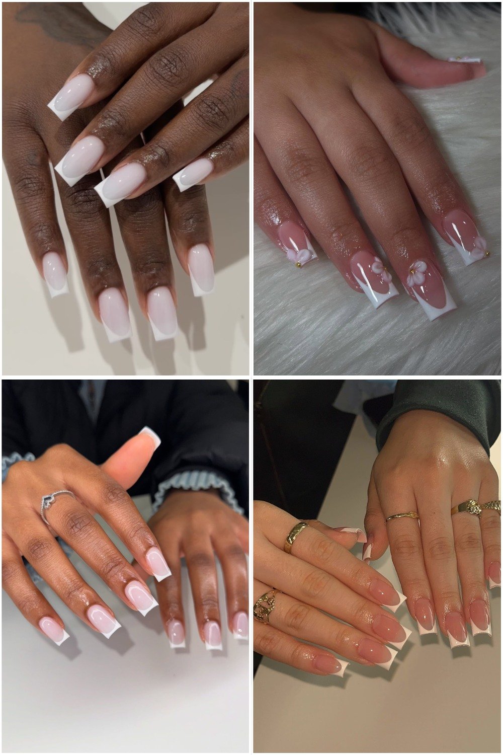 A collage of four hand photos showcasing **White French Tip Nails Square** designs in various lengths and styles, including classic clean white tips, subtle glitter base accents, and delicate 3D floral embellishments.