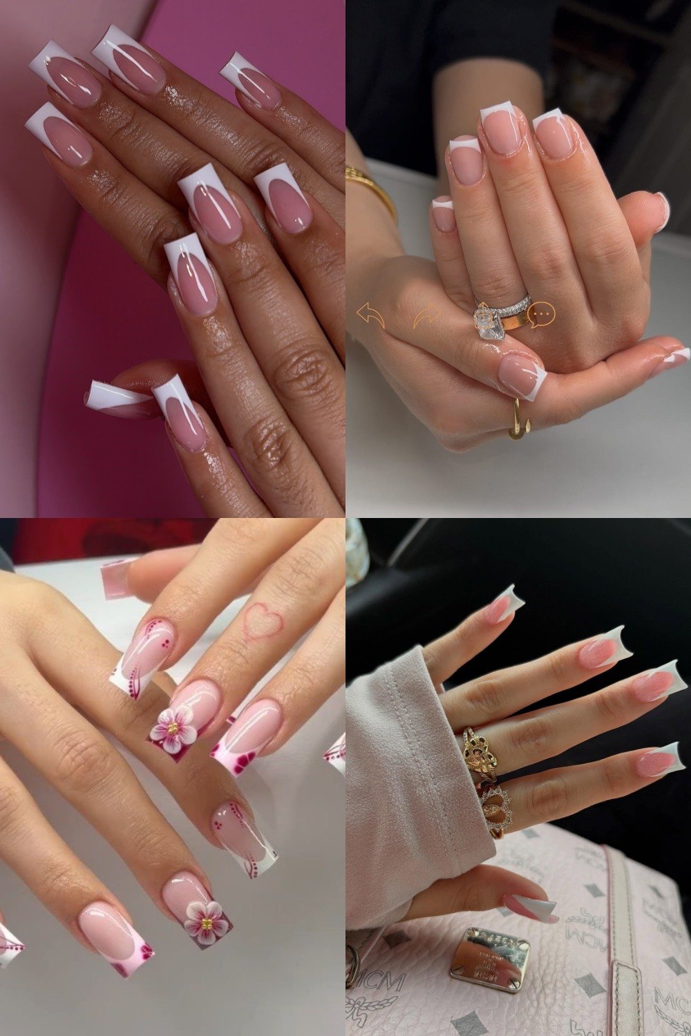 A four-panel collage showcasing different **2000s french tip nails ideas**, featuring classic white tips on glossy nude bases across medium square and long coffin shapes, paired with Y2K-inspired 3D floral accents and retro dot details.