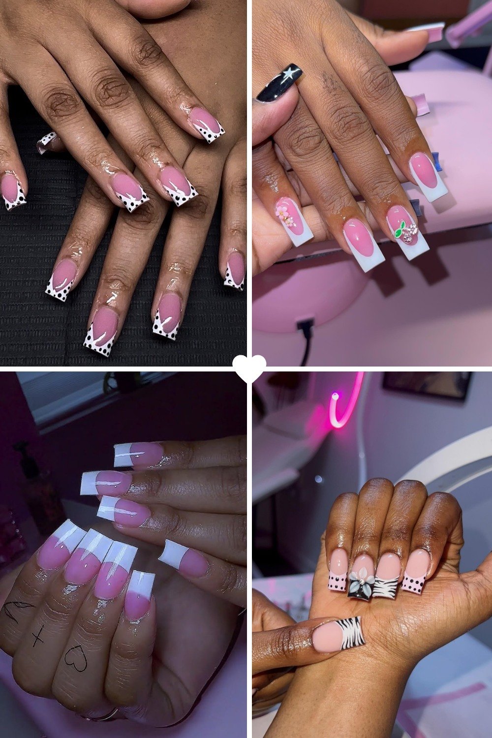 Collage of four photos showcasing 90s french tip nails variations on dark skin tones. Top left: Pink nails with white tips decorated with black polka dots. Top right: Pink and white french tips with small floral accents and one black accent nail with a white star. Bottom left: Classic long pink and white french tip nails. Bottom right: Nude pink nails with mixed accent designs including zebra print, polka dots, and 3D flower details. All styles feature the iconic 90s french tip nails aesthetic with modern embellishments.