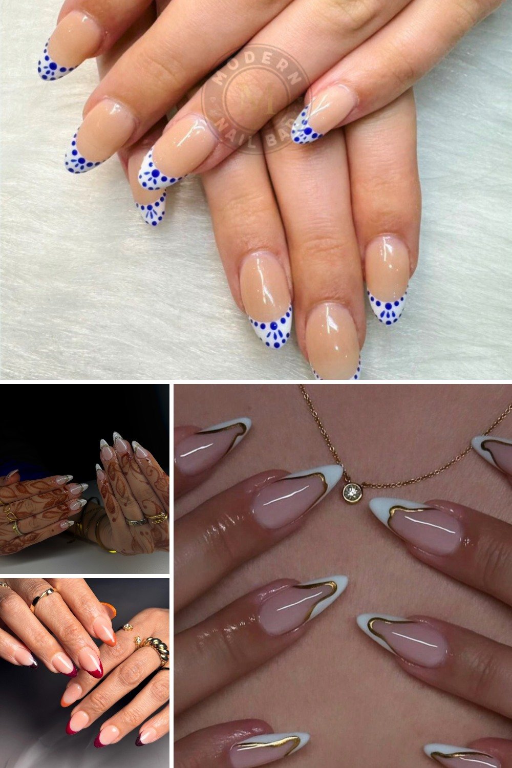 A collage displaying various **almond french tip nails ideas**, including white tips with delicate blue dotted patterns, solid red and orange colored tips, and elegant white tips accented with a thin gold metallic outline.