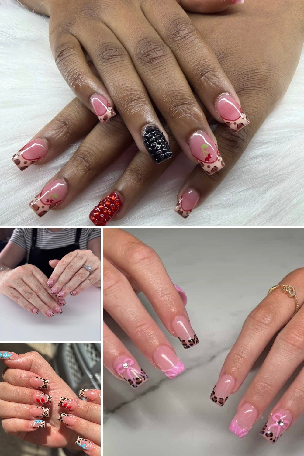 A four-panel collage showcasing various **cheetah print french tip nails ideas**, featuring nude bases with classic leopard tips, accent nails adorned with black and red rhinestones, small red cherry details, and 3D pink bow embellishments across both square and short nail shapes.