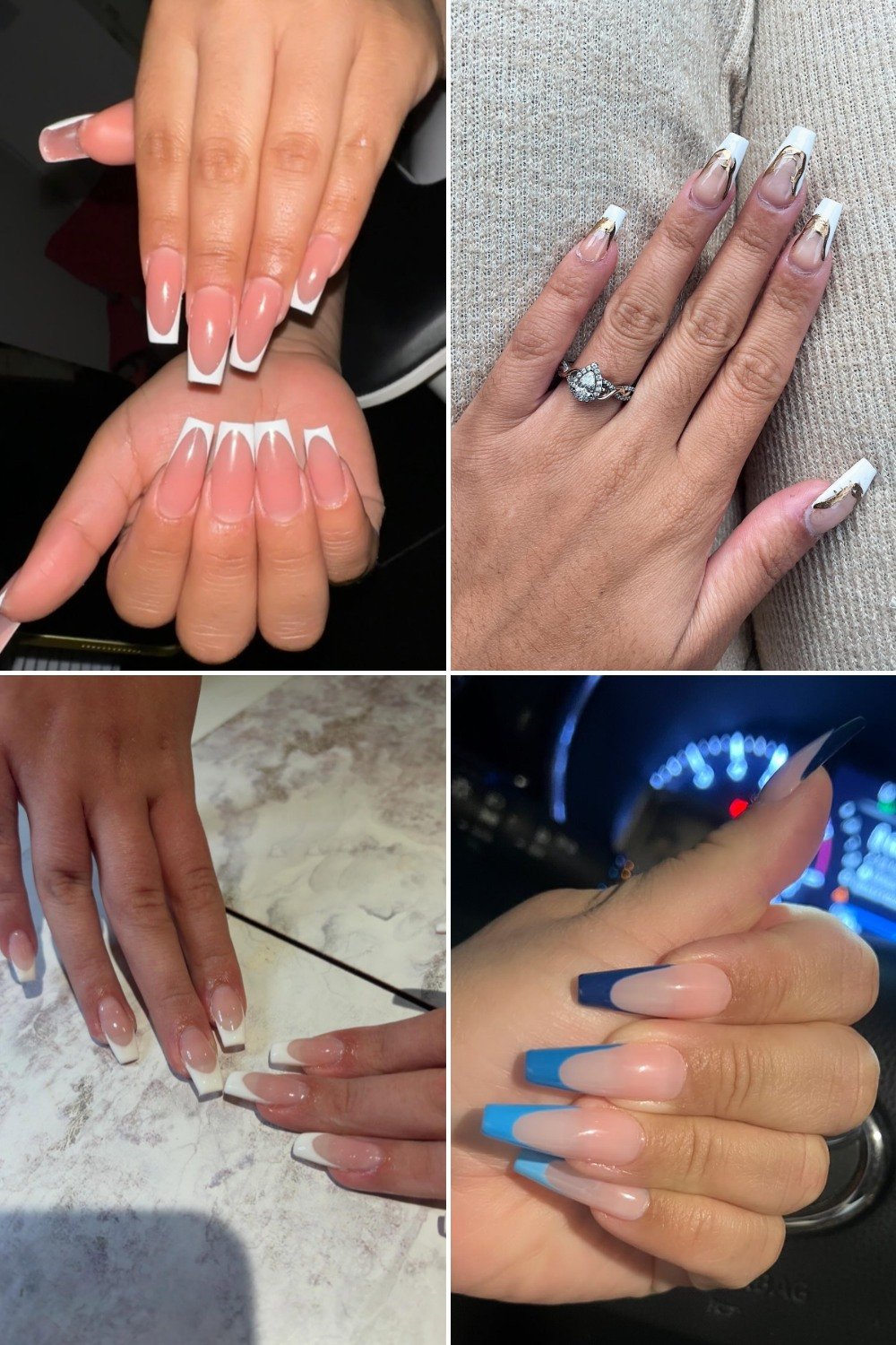 A four-panel collage of hand photos showcasing various **coffin french tip nails ideas** on long tapered square shapes, including crisp white tips, white tips with wavy gold chrome cuticle accents, and vibrant blue gradient tips photographed inside a car.