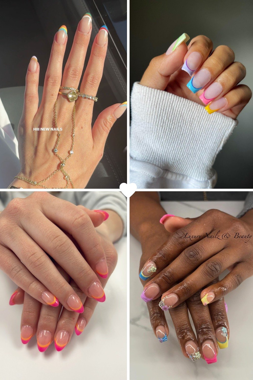 A four-panel collage showcasing various **colored french tip nails ideas**, featuring different nail shapes like almond and square. The designs include pastel rainbow thin tips with gold jewelry, bright neon color-blocked square tips, vibrant orange-to-pink gradient tips, and multi-colored tips accented with rhinestone glitter at the cuticles.