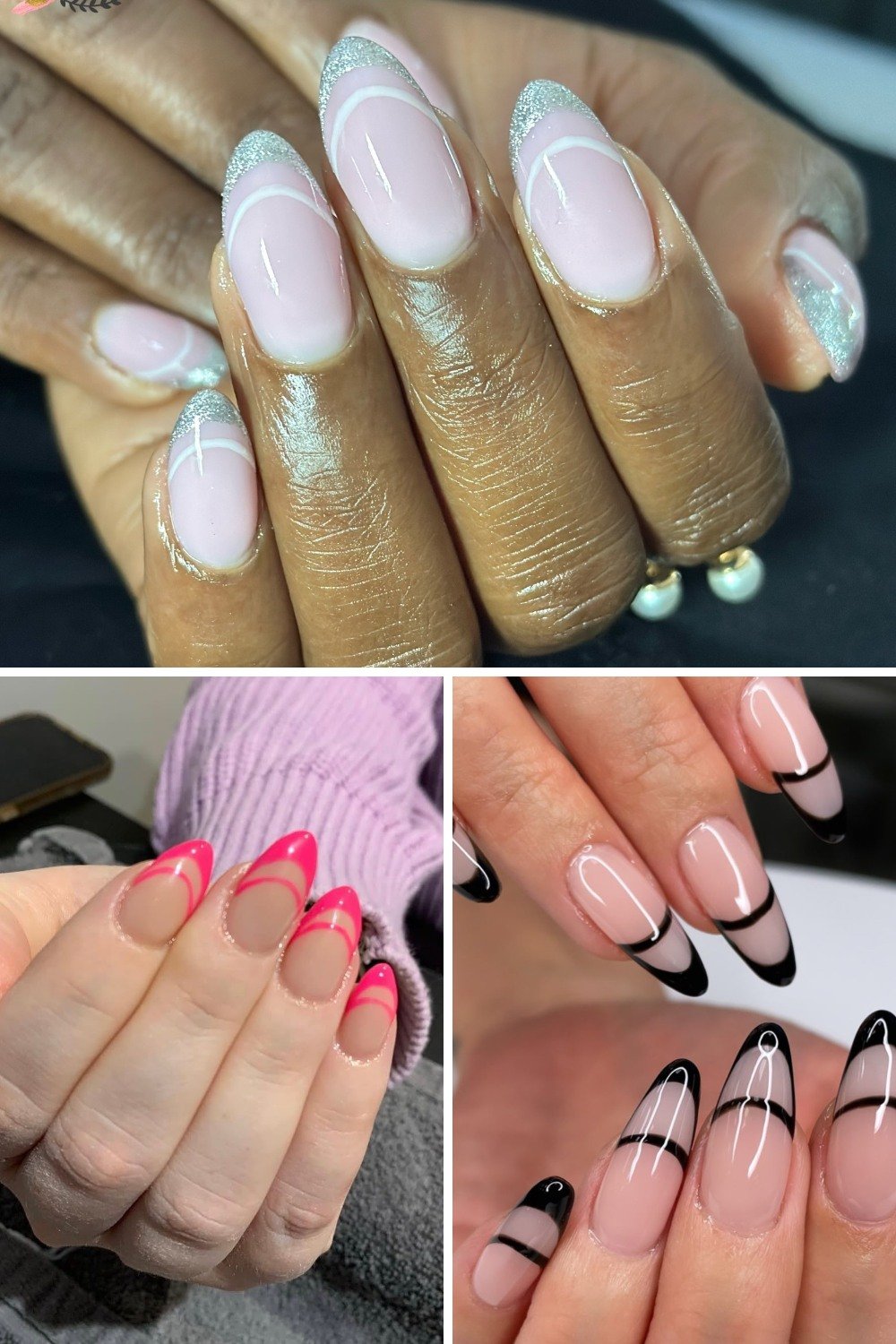 Collage showcasing double french nails designs featuring elegant variations of the classic French manicure. Top image displays soft pink nails with white double French tips and silver glitter accents. Bottom left shows nude base with vibrant hot pink double French tips. Bottom right features sophisticated black and white double French tip designs on almond-shaped nails, demonstrating modern twists on the timeless double french nails trend