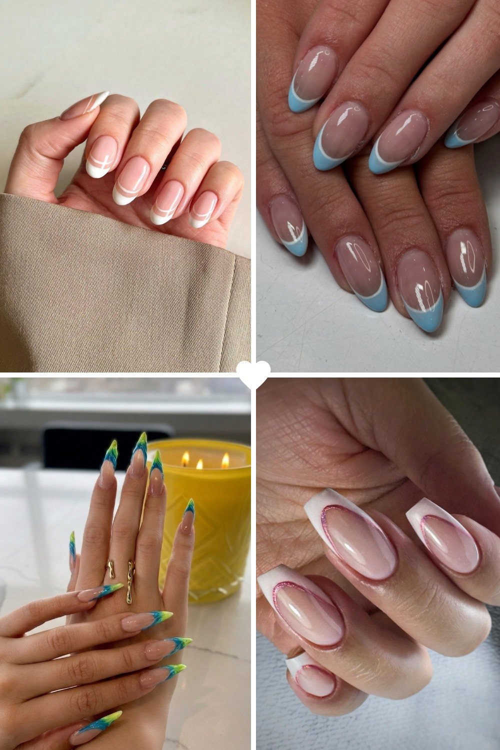 A collage of four close-up photos showcasing various manicure styles, primarily featuring different interpretations of double french tip nails. Top left shows short, rounded nails with a nude base and two thin, curved white lines at the tips. Top right displays almond-shaped nails with a baby blue tip accented by a thin white line. Bottom left features extra-long stiletto nails with a vibrant blue, green, and yellow tie-dye tip design. Bottom right shows square-shaped nails with a white tip outlined by a delicate pink inner line.