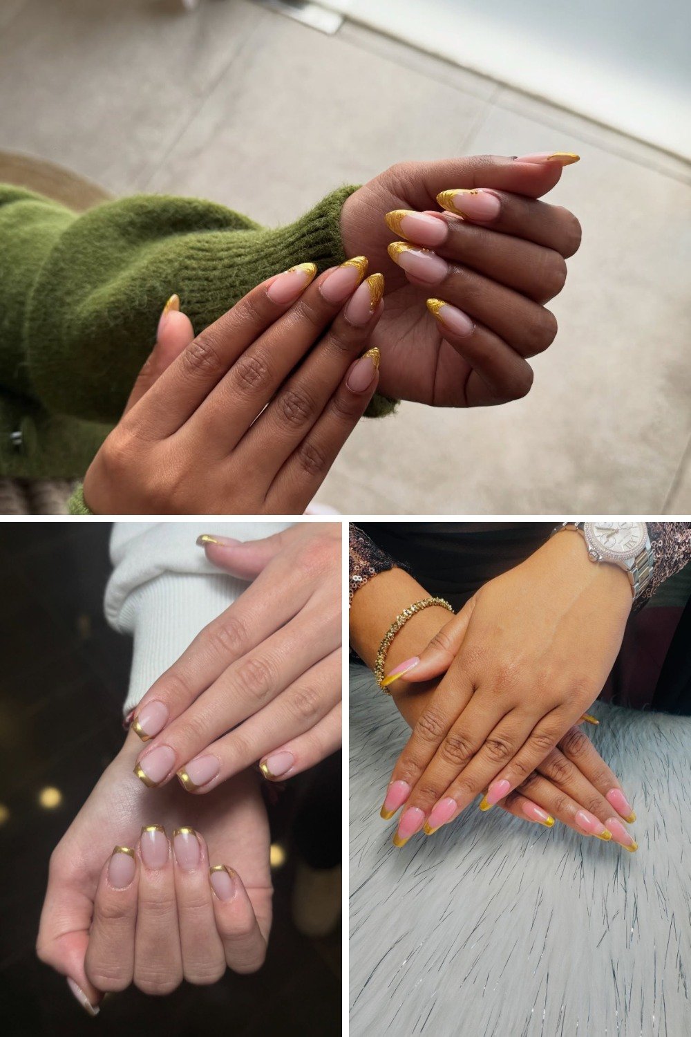 A three-panel collage showcasing various **gold french nails ideas**, including short nude nails with thin metallic gold tips, medium almond shapes with shimmery glitter gold edges, and long stiletto nails with bright pink bases and gold accents, styled alongside knit sweaters, a gold bracelet, and a diamond watch.