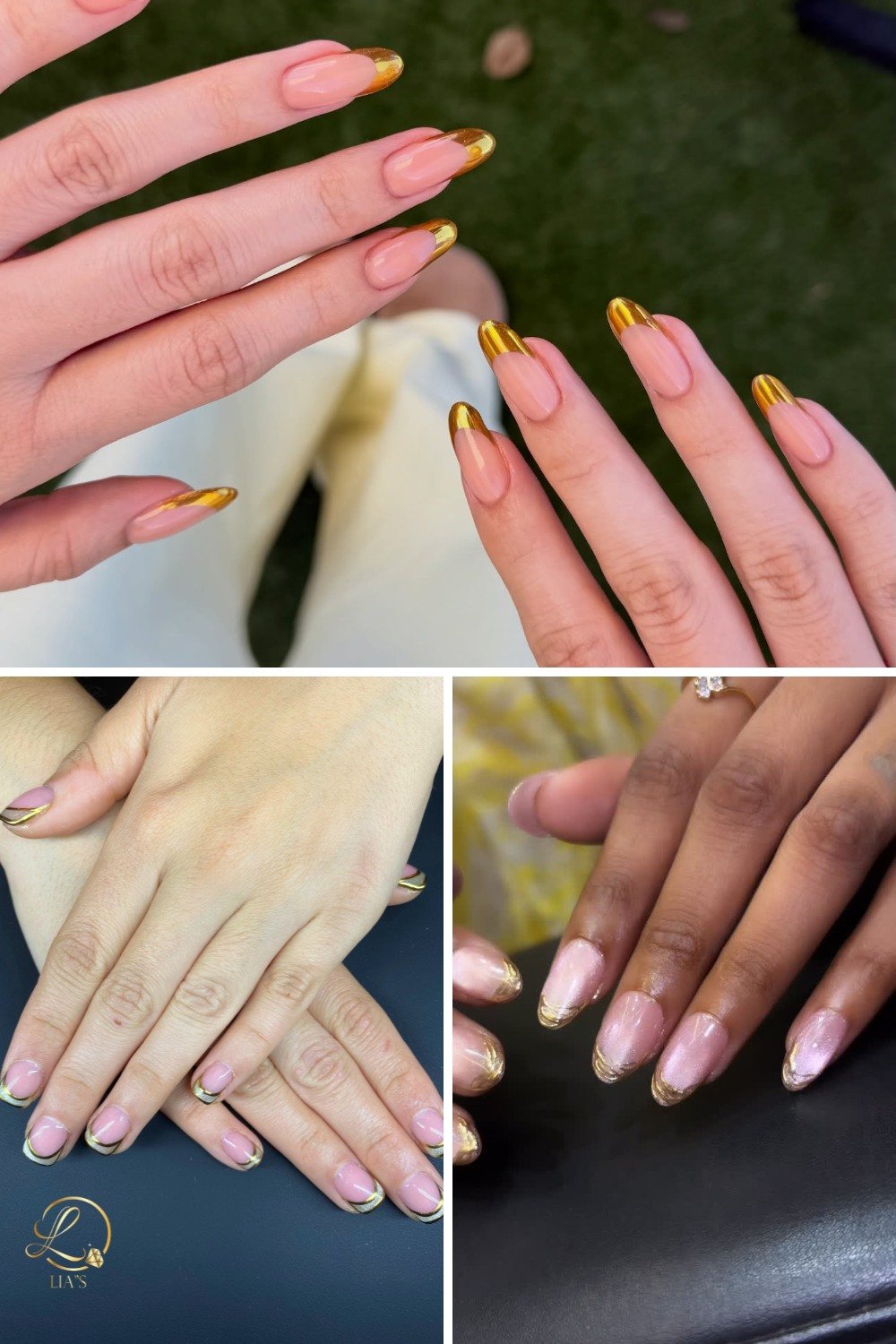 A three-panel collage showcasing **gold french tip nails ideas**, including long almond-shaped nude nails with shiny metallic gold tips, short rounded nails with subtle gold edges, and medium square nails with elegant gold accents across various skin tones.