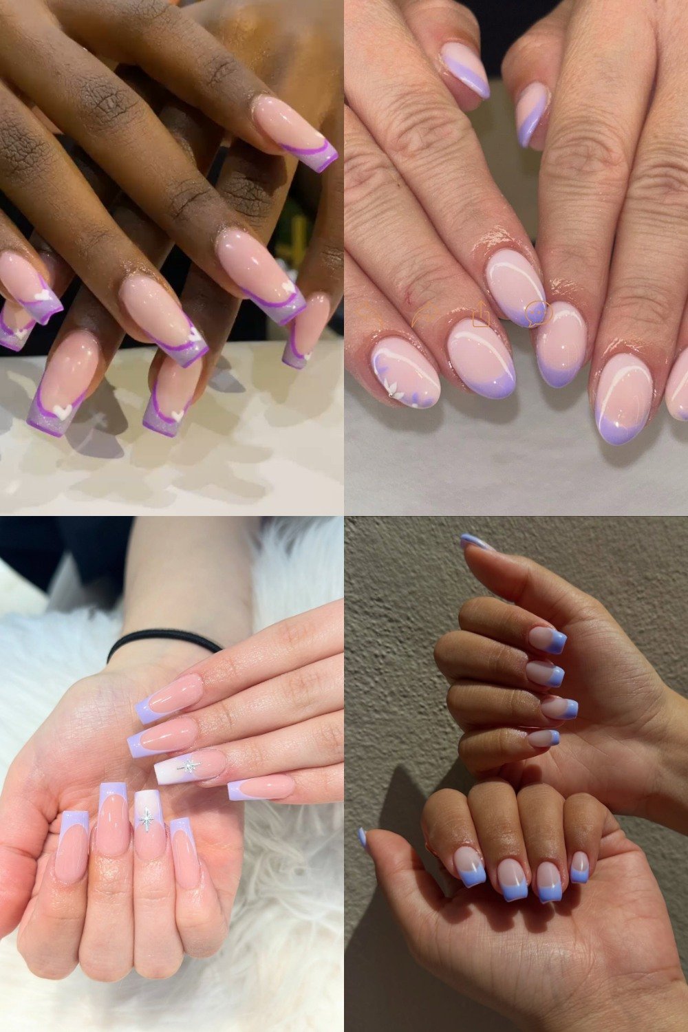 A four-panel collage displaying various **lilac french tip nails ideas**, featuring long square nails with thin white graphic outlines, rounded almond nails with soft pastel purple tips, long square nails with a silver star accent design, and short square nails with light lilac tips.