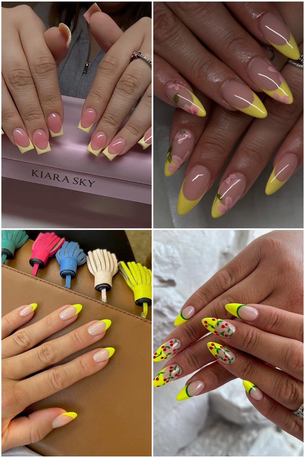 A four-panel collage showcasing **yellow french tip nails ideas**, including short oval classics, long almond shapes with floral accents, bright neon tips, and cherry-decorated nail designs.
